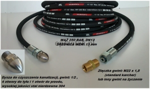 Dysza do przepychania kanalizacji,200 BAR-20 litr/min+Wąż 10 metrów ,250 BAR,DN13,temperatura-(+155°C) do urządzeń myjących