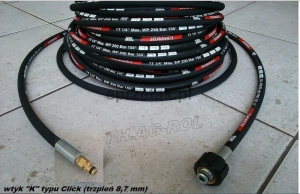 Wąż przewód do myjki KARCHER 15 metrów,wtyk typu CLICK+NAKRĘTKA M22 x 1,5 ,250 BAR, TEMP: DO 155° ,DN06 , oplot metalowy