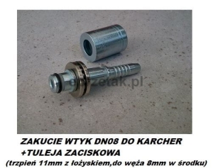 Wtyk do pistoletów KARCHER , trzpień 11mm z łożyskiem do węża o średnicy wewnętrznej 8 mm w środku DN08 +tuleja zaciskowa