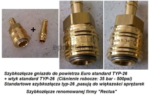 Szybkozłącze gniazdo do powietrza Euro standard TYP-26 + wtyk standard TYP-26 (Ciśnienie robocze: 35 bar - 500psi) na wąż 8mm średnicy wew.